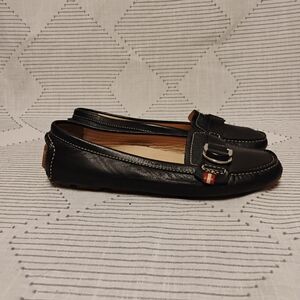 Bally Switzerland Italy Black Leather Loafers Buckle Red Detail Women's Size E37